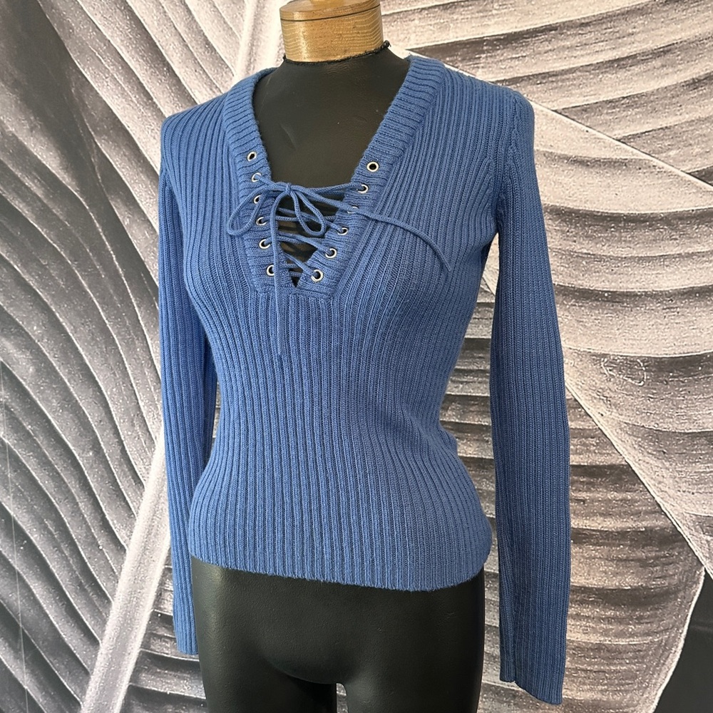 Vintage Y2K Moda International Sweater S Blue Lace Up Wool Blend Sexy Date